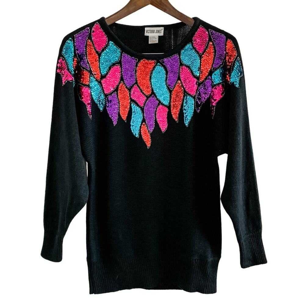 Victoria Jones vintage 90s sequin neckline loose knit dolman sweater size S - Picture 7 of 7